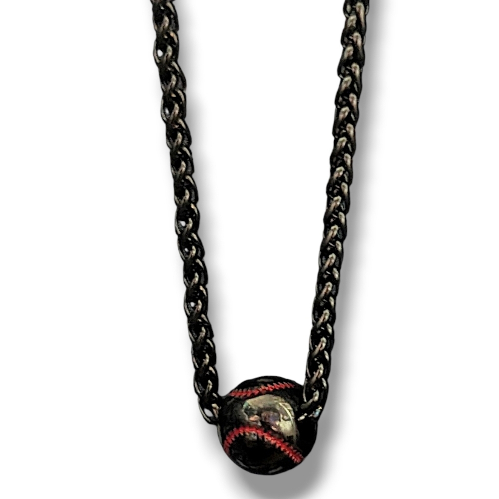 Gun Metal Black Baseball Softball Pendant Necklace On 22" Wheat Chain + 2" Ext